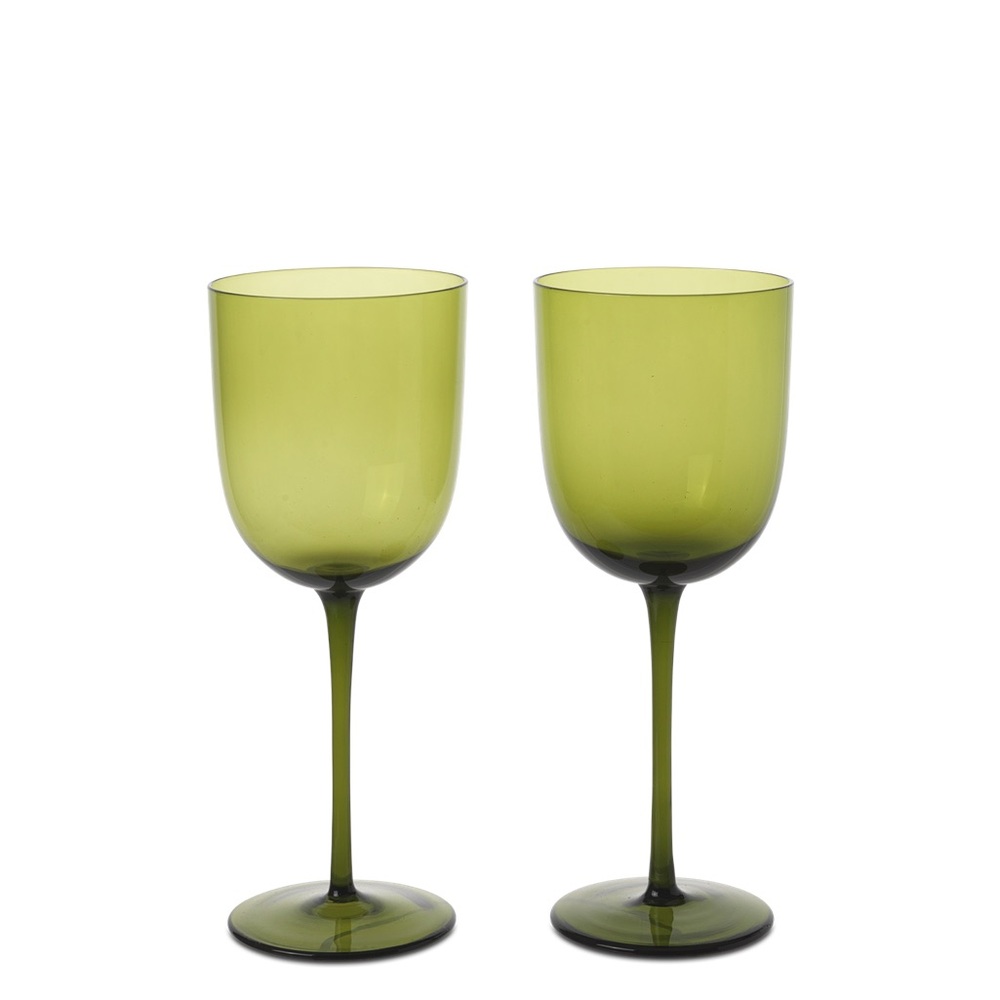 Ferm Living's Host White Wine Glasses, a set of two moss green, mouth-blown.